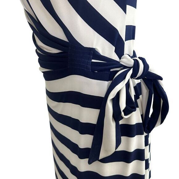 Ralph Lauren Navy White Striped Cap Sleeve Ruched Waist Drape Neck Dress sz‎ 12 - Picture 5 of 12